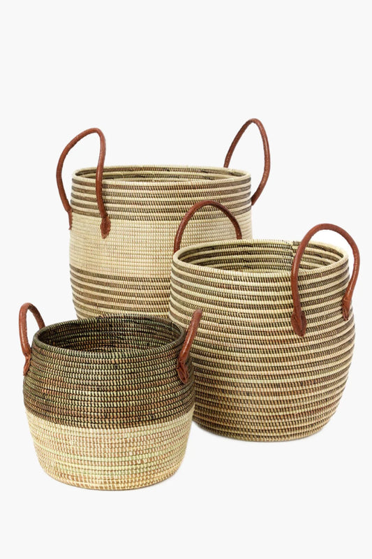 Mixed Stripe Basket with Leather Handles